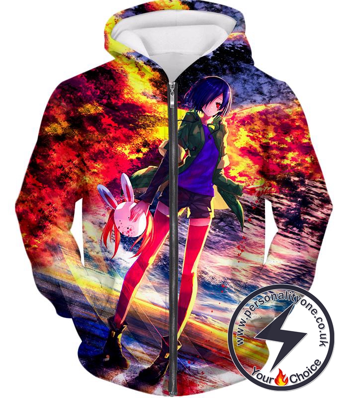 Tokyo Ghoul Cute Anime Girl Touka Kirishima Amazing Art Printed Zip Up Hoodie